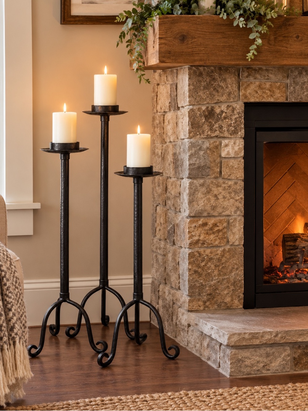 Elegant Floor Candle Holders Set of 3 Fireplace Metal